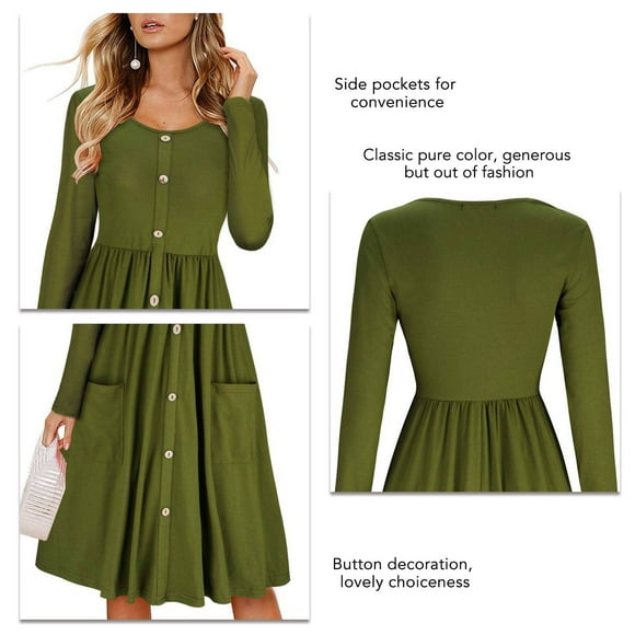 Midi Dress Long Sleeve Round Neck Button Down Pure Color Pocket High Waist Dress For Women