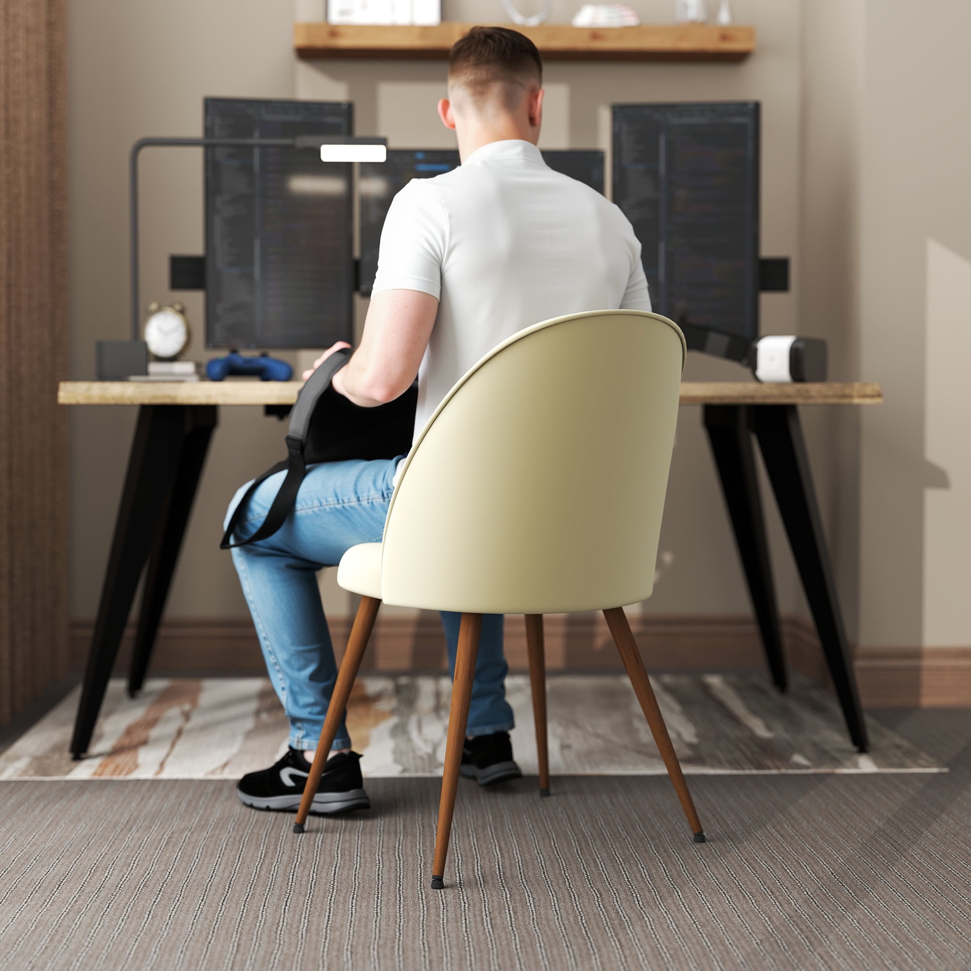 Homy Casa Set of 2 Modern Office Chair Pair, Beige Fabric Upholstered Curved Back