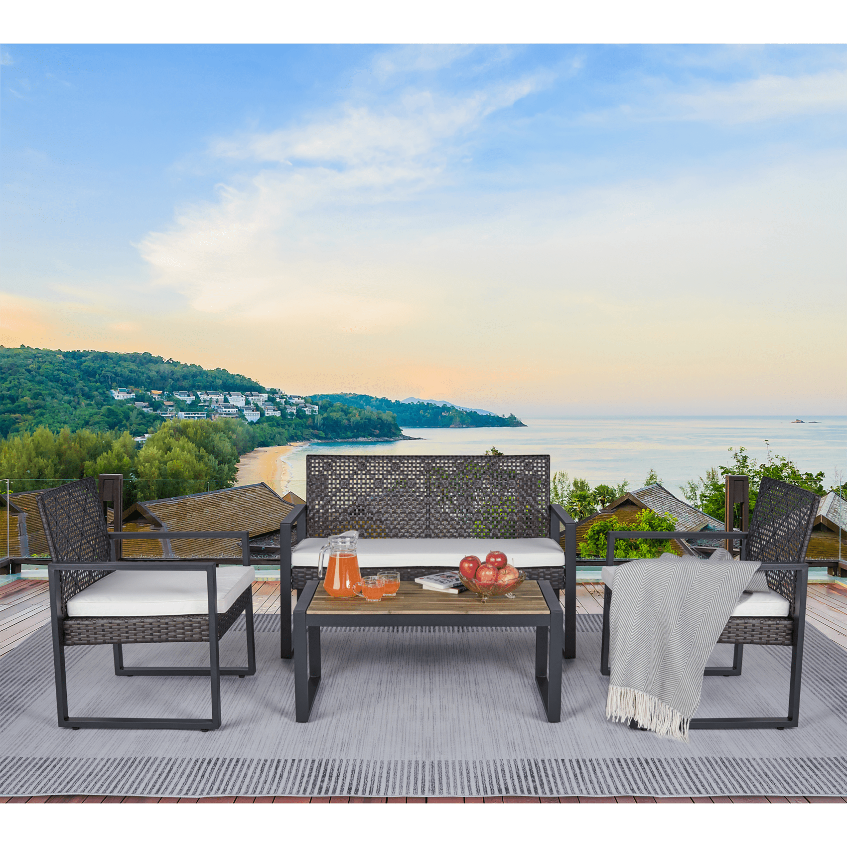 Miniyam Patio Furniture Set, 4 Pieces Outdoor Rattan Chair Wicker Sofa Garden Conversation Bistro Sets for Yard,Pool or Backyard, Black&White
