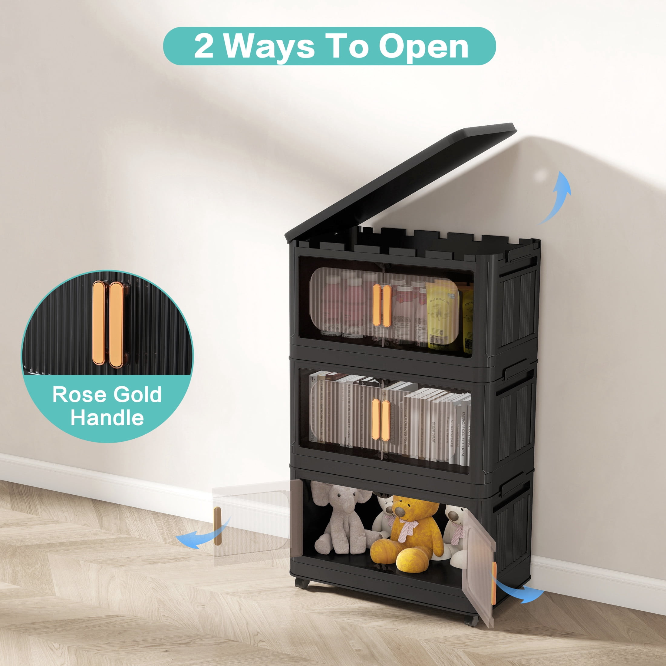 Noble House Arley 20" Folding Storage Cabinet, 4-Tier Plastic Organizer with Magnetic Doors and Wheels, Black