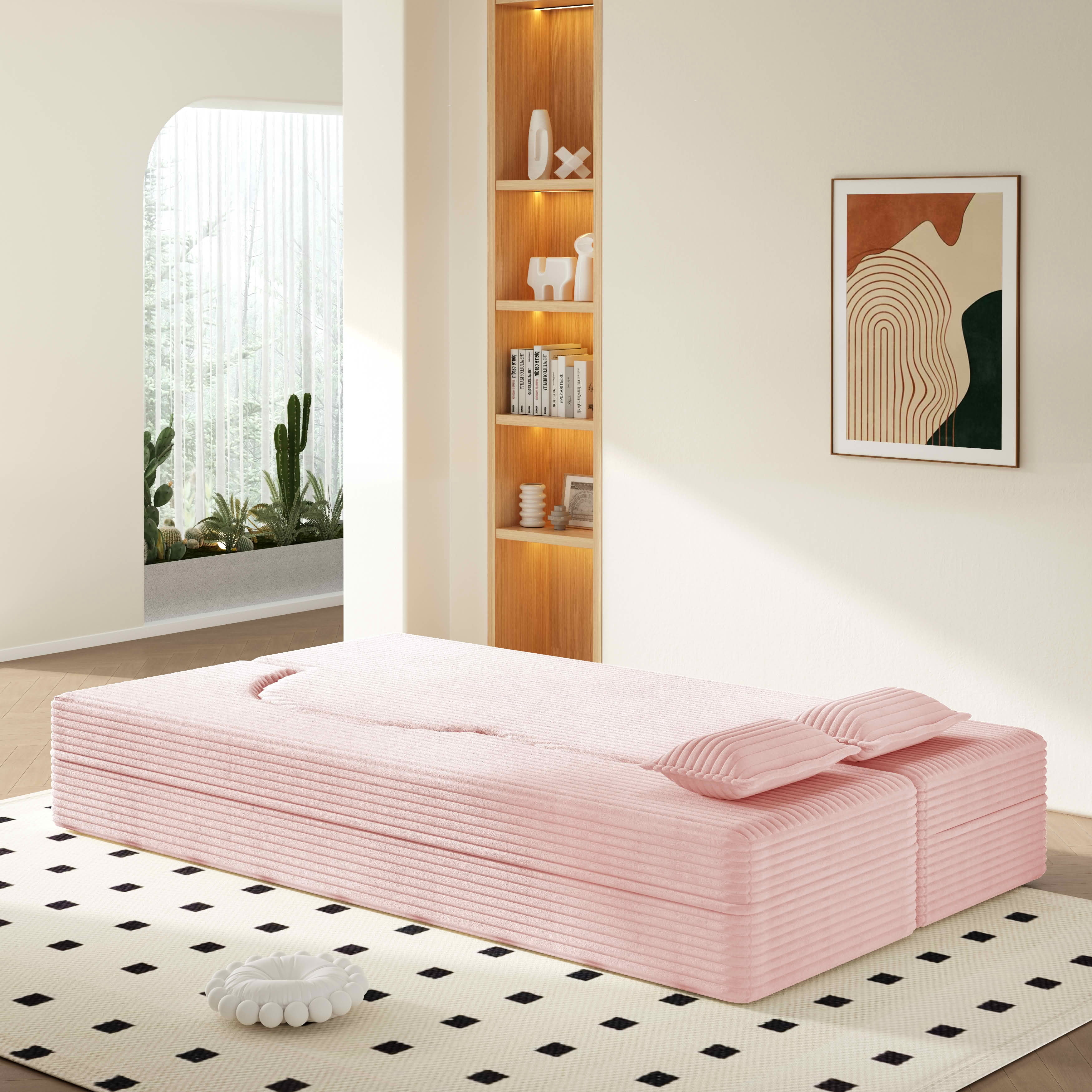MAYEERTY Twin Corduroy Foldable Foam Floor Sofa Bed, Zero Assembly Vacuum Compressed Sleeper with 2 Pillows