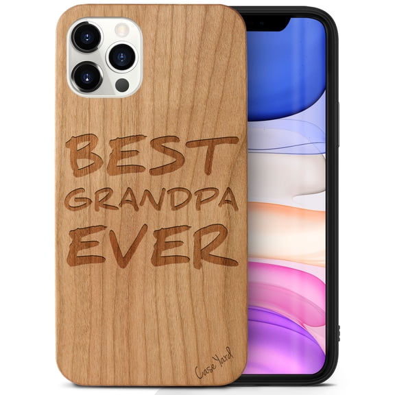 Case Yard Wooden Case Outside Soft TPU Silicone Slim Fit Shockproof Wood Phone Cover for Girls Boys Men and Women Supports Wireless Charging Best Grandpa Ever Design case for iPhone-12/12-Pro