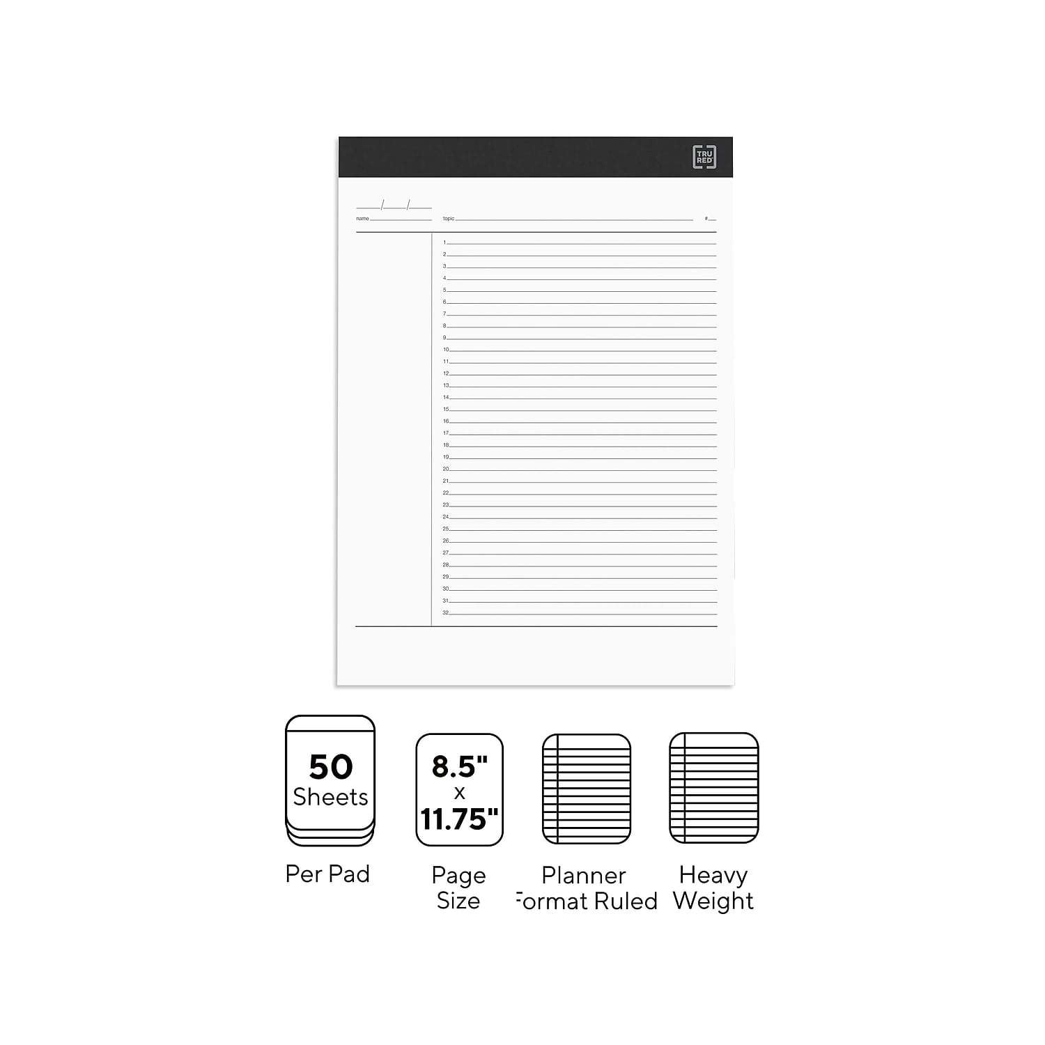 Staples TRU RED Notepads 8.5" x 11.75" Project Planner Format Ruled White TR57379