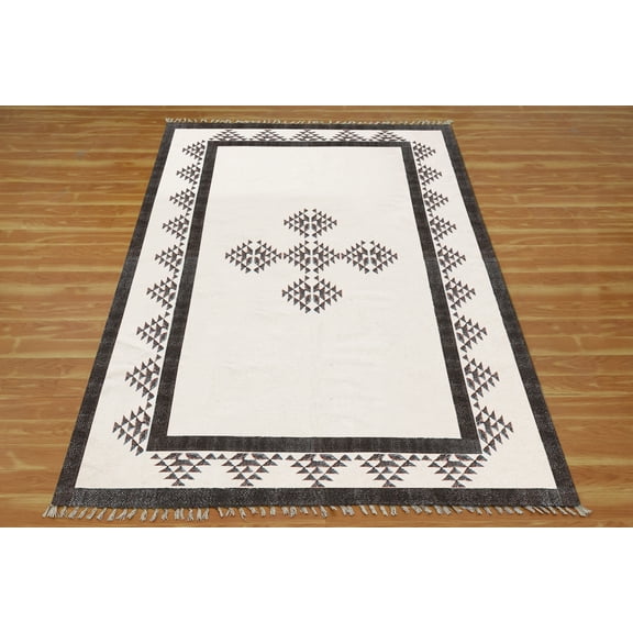 Casavani - 2'x3' Handblock Printed Beige Cotton Dhurrie Area Rugs for Entrance & Kitchen