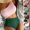 thumbnail image 2 of ENJOYW 2 Pcs/Set Bikini Set One Shoulder Solid Color Padded Bodycon Summer Swimsuit Set for HolidayPolyester, 2 of 7