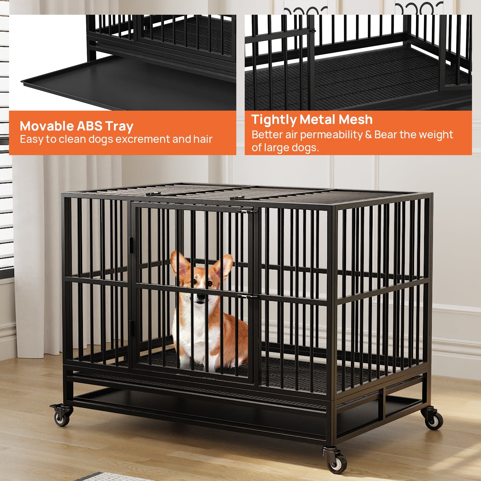 Walnest (48in) Large Dog Crate Rustproof Sturdy Black Dog House Dog Crate with Double Doors For Small and Medium Dogs