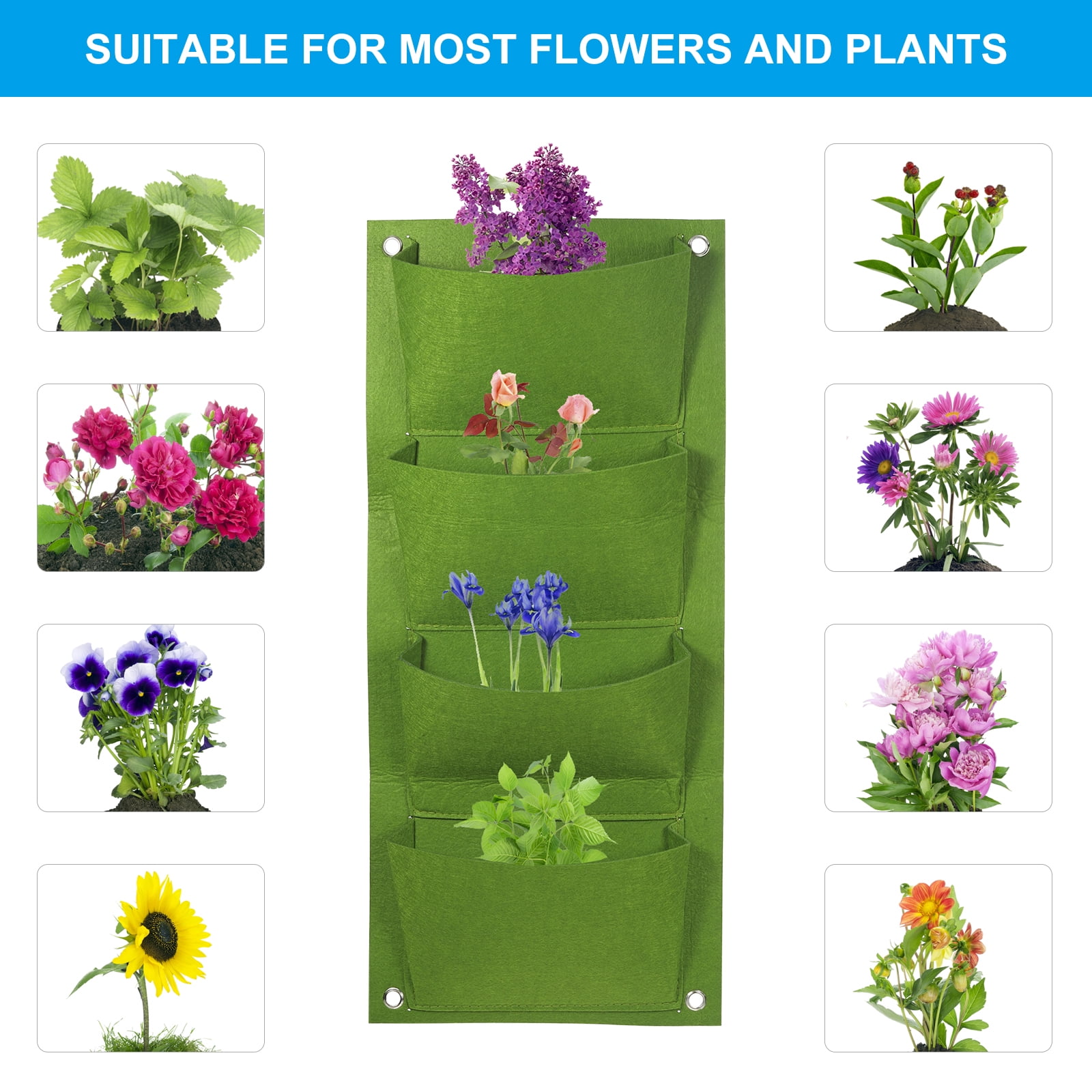 Uxcell 4 Pockets Vertical Hanging Grow Bags Wall Hanging Planter Bags Green 2 Pcs