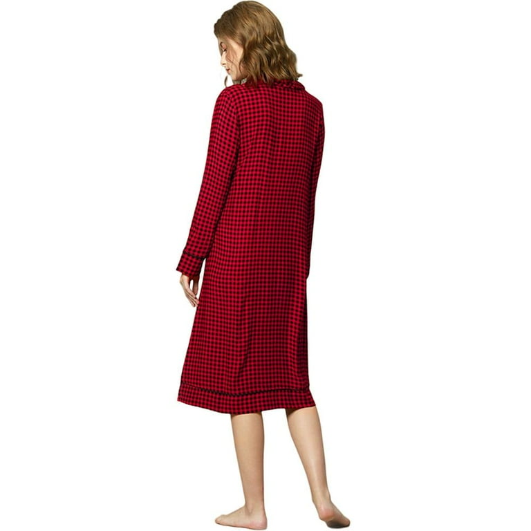 Women Red Plaid Sleepwear Christmas Long Sleeve Nightgown Sleep