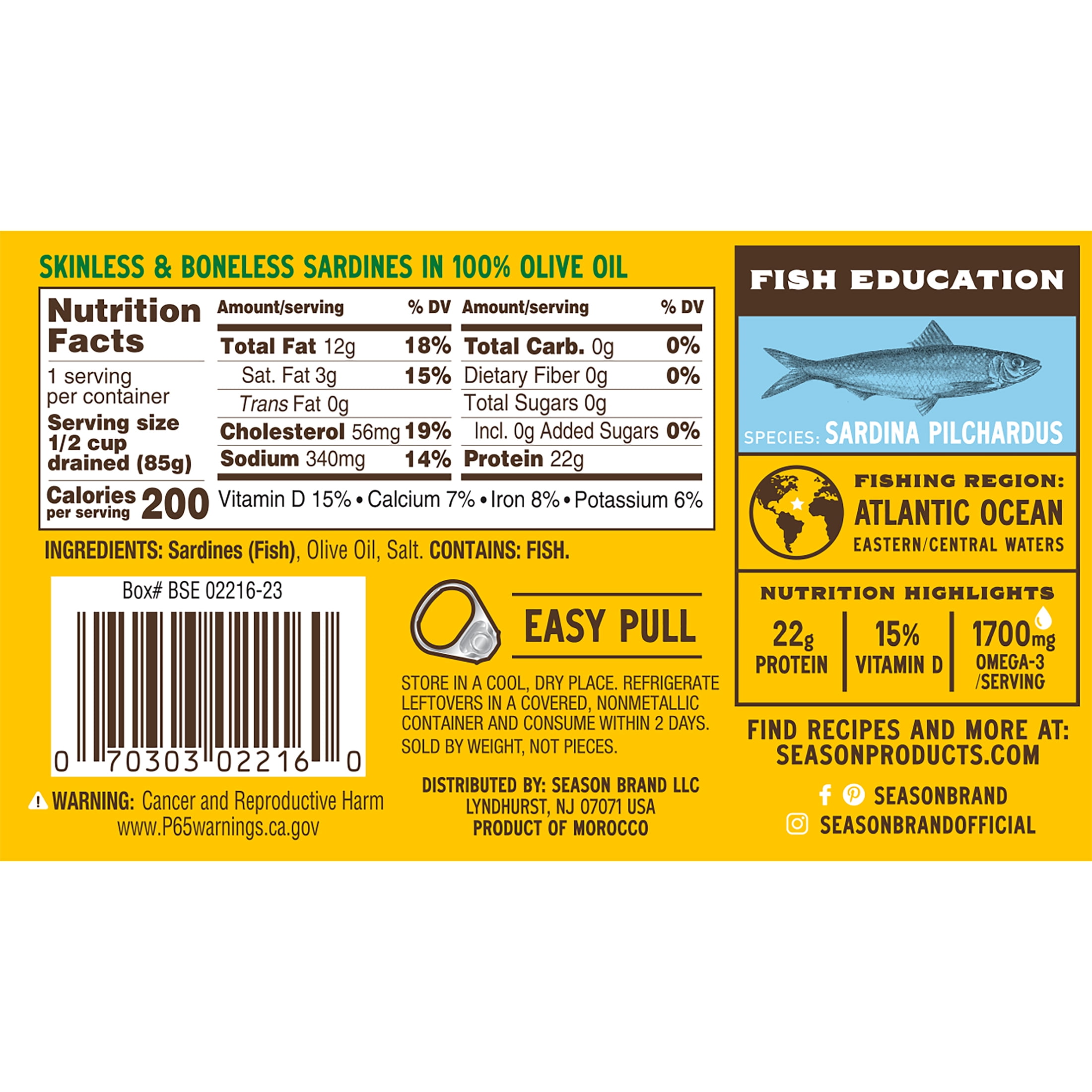 Season Sardines in Olive Oil, Salt Added, 4.375 oz