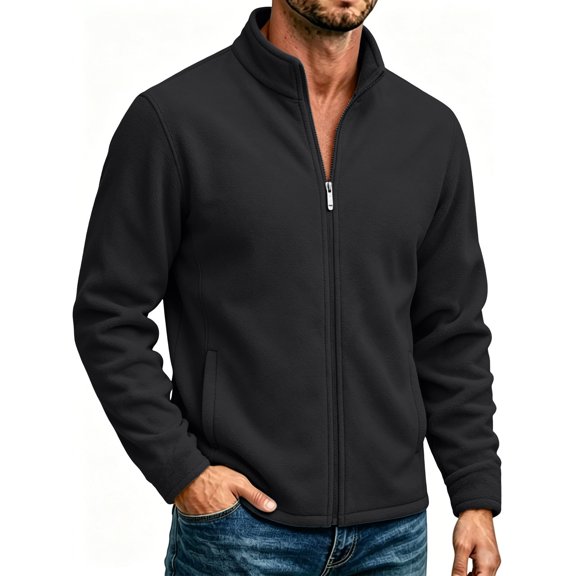 LYSMORA 2026 Men's Solid Stand Collar Fleece Zip Jacket, Slip Side Pockets Loose Fit Casual Lightweight Outerwear
