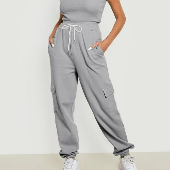Frostluinai Womens Fall Sweatpants Cargo Drawstring Elastic Waisted Baggy Athletic Jogger Solid Color Casual Pants with Pockets 2025 Casual Trendy Pants