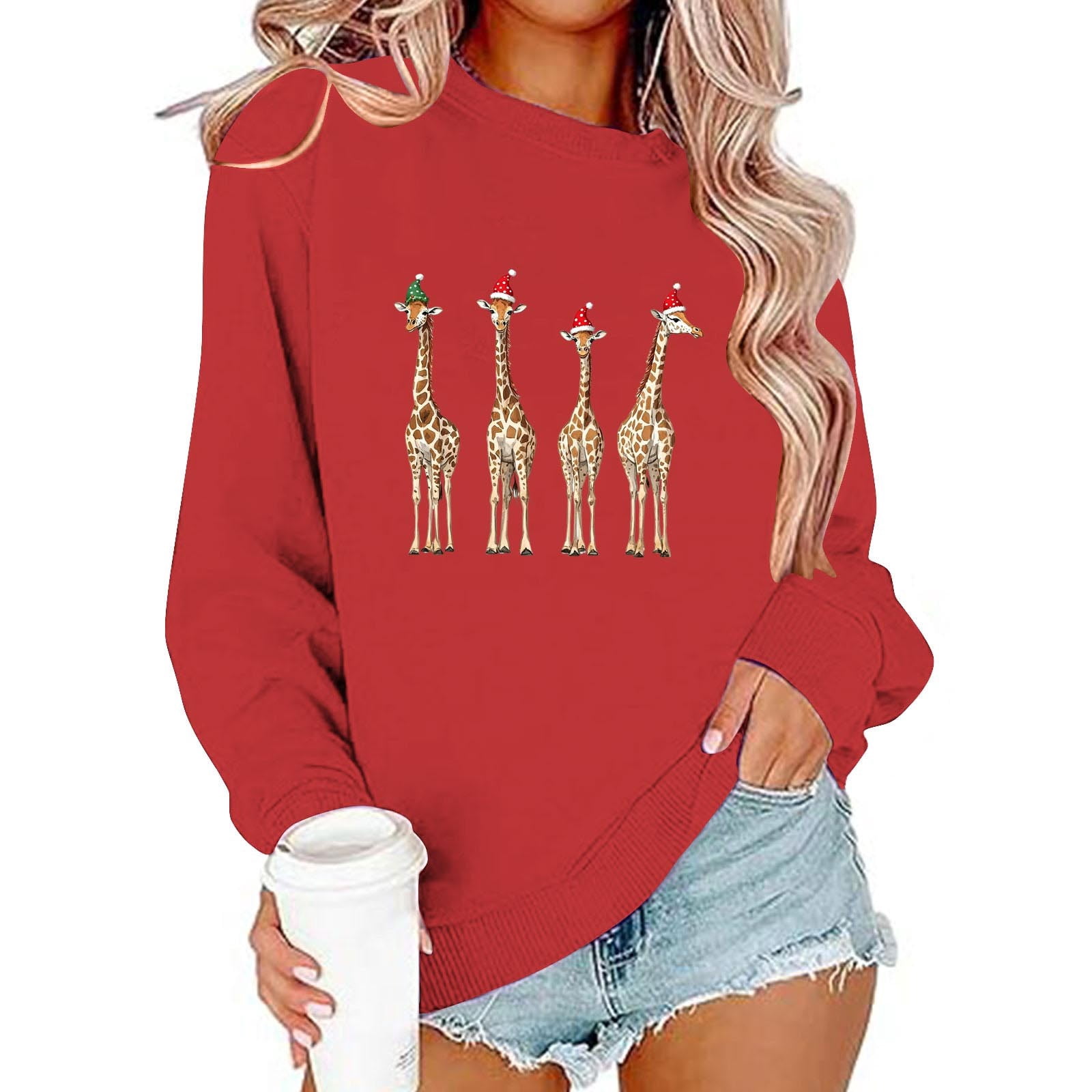 SYMOID Womens Red Christmas Crewneck Sweatshirt, 100% Cotton Loose Fit Festive Giraffe Graphic with Santa/Elf Hat,Size M