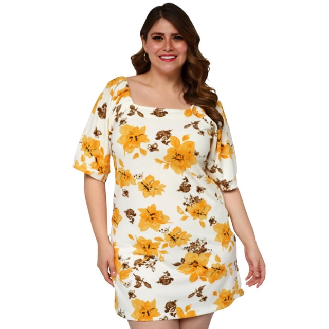 Vestido recto talla extra, modelo 0900 (Flor amarilla) amarillo 38 Roman Fashion Vestido extra 0900