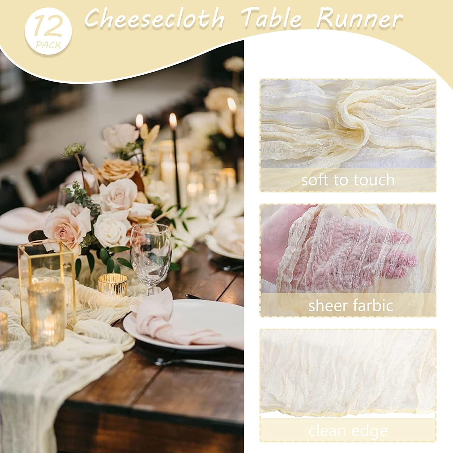 Wehilion 12PCS Cheesecloth Table Runner Boho Gauze Table Runner Cheese Cloth Long Table Runner Rustic Table Runner for Wedding Bridal Shower Birthday Party Table Decor