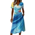 thumbnail image 5 of Watercolor Floral Print Dress for Women V Neck Short Sleeve Dress A Line Midi Casual Summer Outfit Flowy Lightweight Party Wear Vacation Boho Chic Blue L, 5 of 6