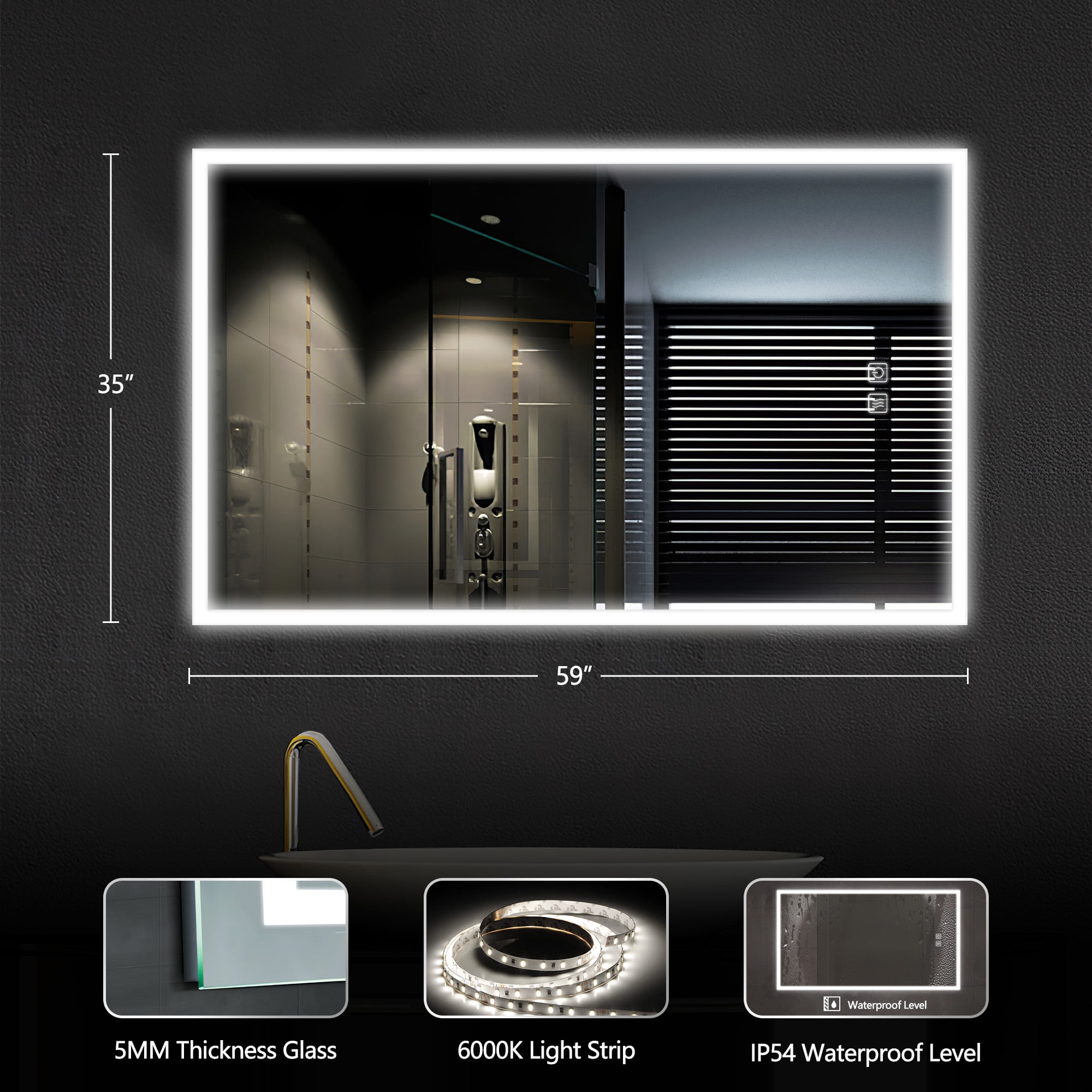 59"x35" Edge LED Lighted Wall Mounted Bathroom Mirror Modern Rectrangle Vanity Mirror with Anti-Fog,Silver
