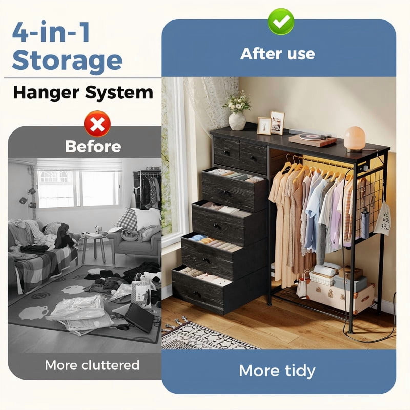 Kelno 6 Drawer Dresser with Hanging Rack LED Lights Charging Station Fabric Closet Organizer Storage Tower, Wood Grain Black
