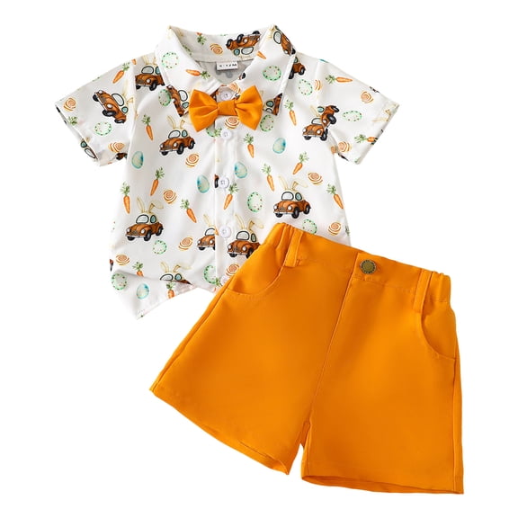 Nwiuh Toddler Boy Easter Outfit Bow Tie Button Up Short Sleeve Shirt Casual Shorts Baby Summer Clothes Cute Outfits (Orange, 3-4 Years)