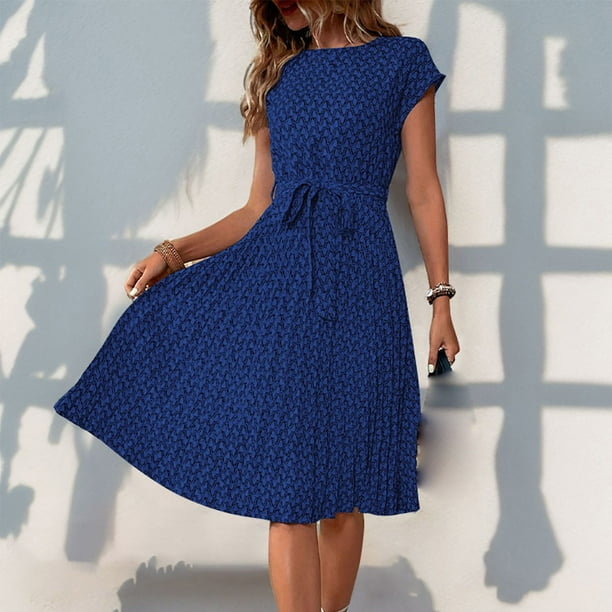 Puntoco Falda Plisada De Moda Casual Para Mujer Vestido De Cuello Redondo De Manga Corta Con Cintura Estampada Vestido De Cuello Redondo De Manga