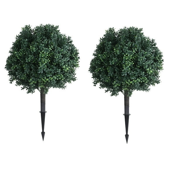 Ltoshu 2Pcs 27'' Artificial Boxwood Ball Bushes - UV Resistant Faux Outdoor Plants with Ground Spikes, Realistic Fake Greenery for Front Porch, Garden, Yard Decor