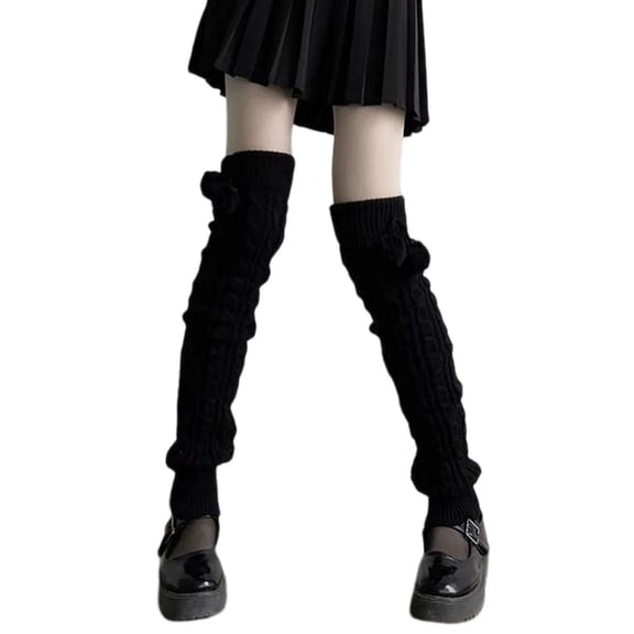 Mightlink 1 Pair Leg Warmers Over Knee Pompoms/Ribbed Soft Knitted Stretchy Keep Warm Solid Color Autumn Winter Women Boot Stockings for Daily Life