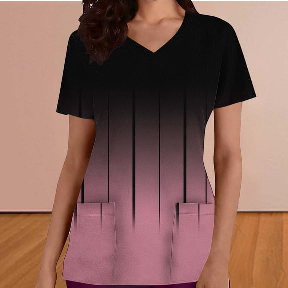 Scrub Tops for Women V Neck Short Sleeve Pockets Relaxed Fit Professional Medical Workwear Graphic Printed Performance Uniform Tee Shirt