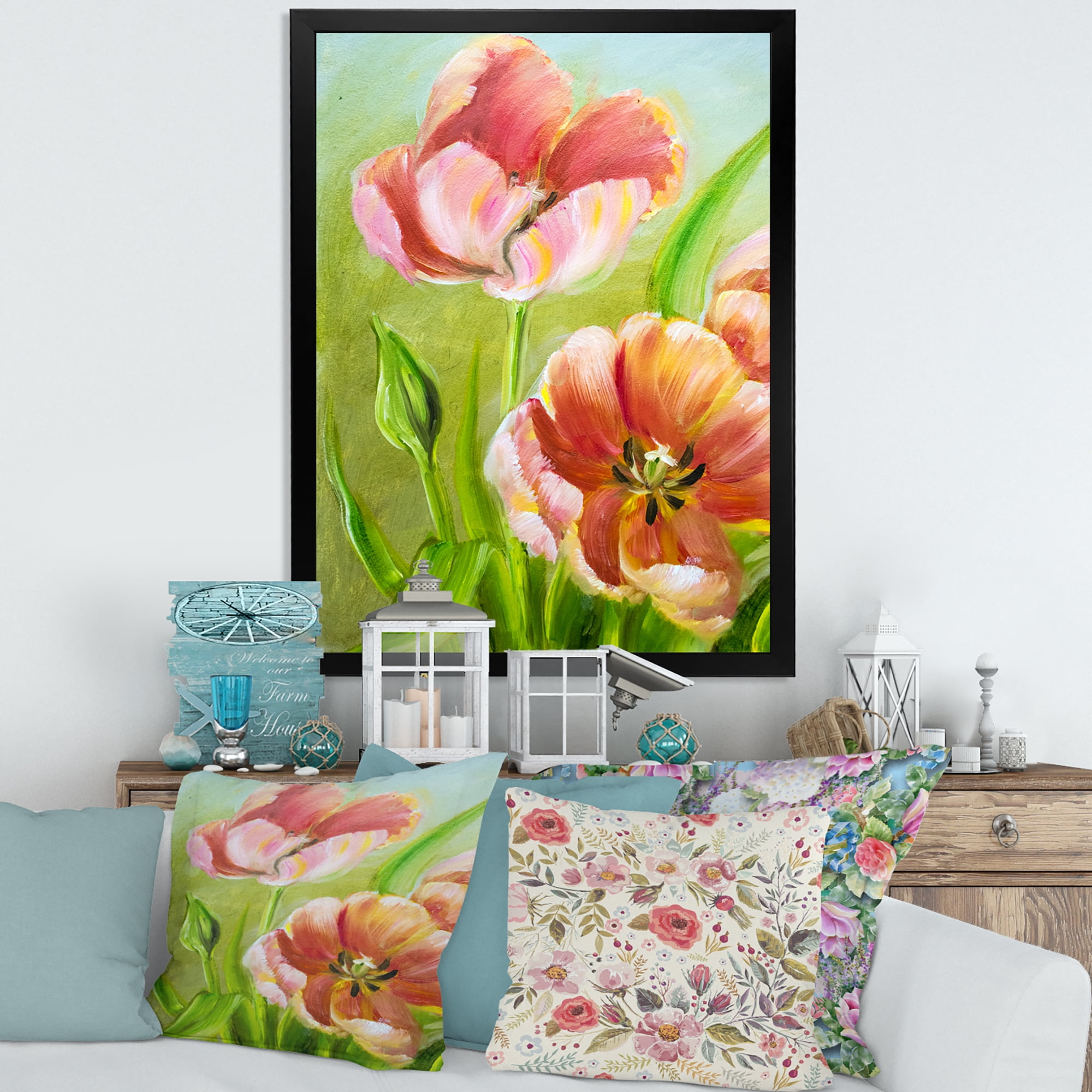 Designart 'Ancient Red Tulips Flowers III' Traditional Framed Art Print