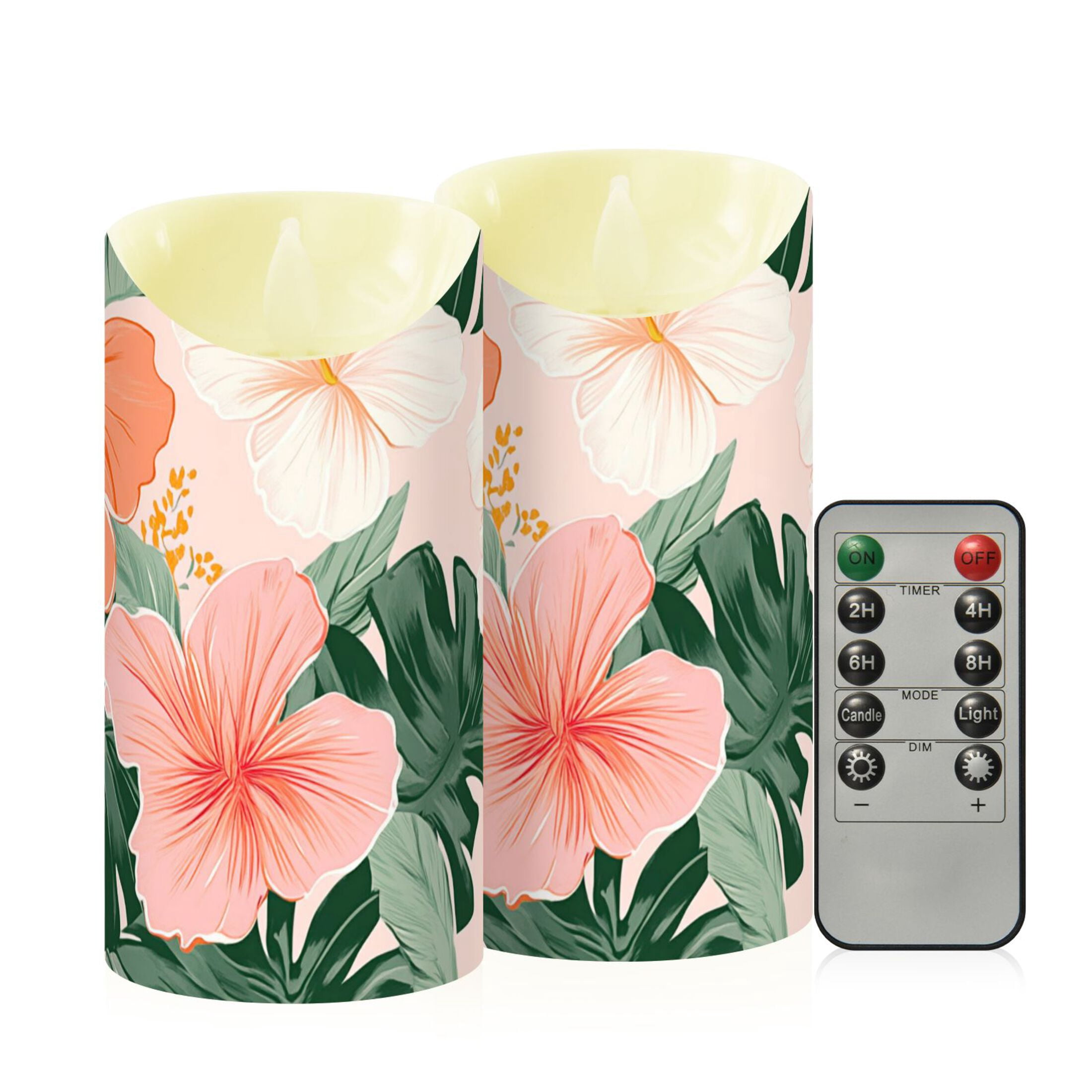 Colorful Hibiscus Florals Palm Leaves Hawaii Flickering Flameless Candles with Remote Timer Battery Operated LED Tealight Set of 2 M