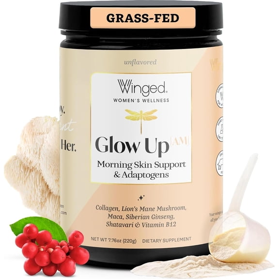 Winged Wellness Glow Up AM, Collagen Powder for Women - Morning Beauty Supplement for Glowing Skin with Grass-Fed Hydrolyzed Collagen Peptides, Lion's Mane & Shatavari - 21 Servings, Unflavored