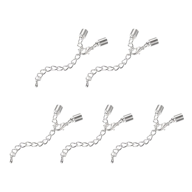 Unique Bargains 10Sets 5mm Leather Cord End Caps with Lobster Clasps & Extender Chain for DIY, Rhodium Tone
