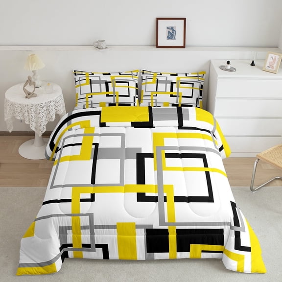 Erosebridal Modern Geometry Bedding Sets Twin with Comforter, Abstract Ombre Duvet Insert, Yellow Square Stripe Decor, Microfiber