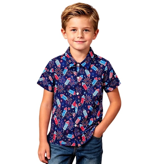 Lullu Boys Short Sleeve 4Th of July Shirt Summer Lightweight Button Down Shirt, Sizes 2-14