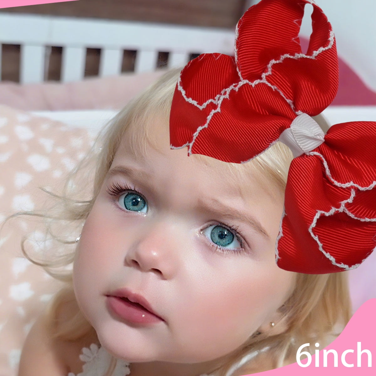 JoyBowie 12pcs 6 Inch Red Ruffled Hair Bows for Girls Toddlers, Satin Ribbon Hair Clips for Kids Party Daily Hairstyles