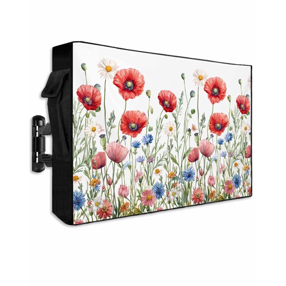 Red Poppy Flower Outdoor TV Cover 48 to 50 Inch Weatherproof, Blue Blooms Floral Country Boho Daisy 600D Oxford TV Covers with Waterproof Zipper, Outside Flat TV Screen Protector Size 48"Wx30"Hx4.5"D