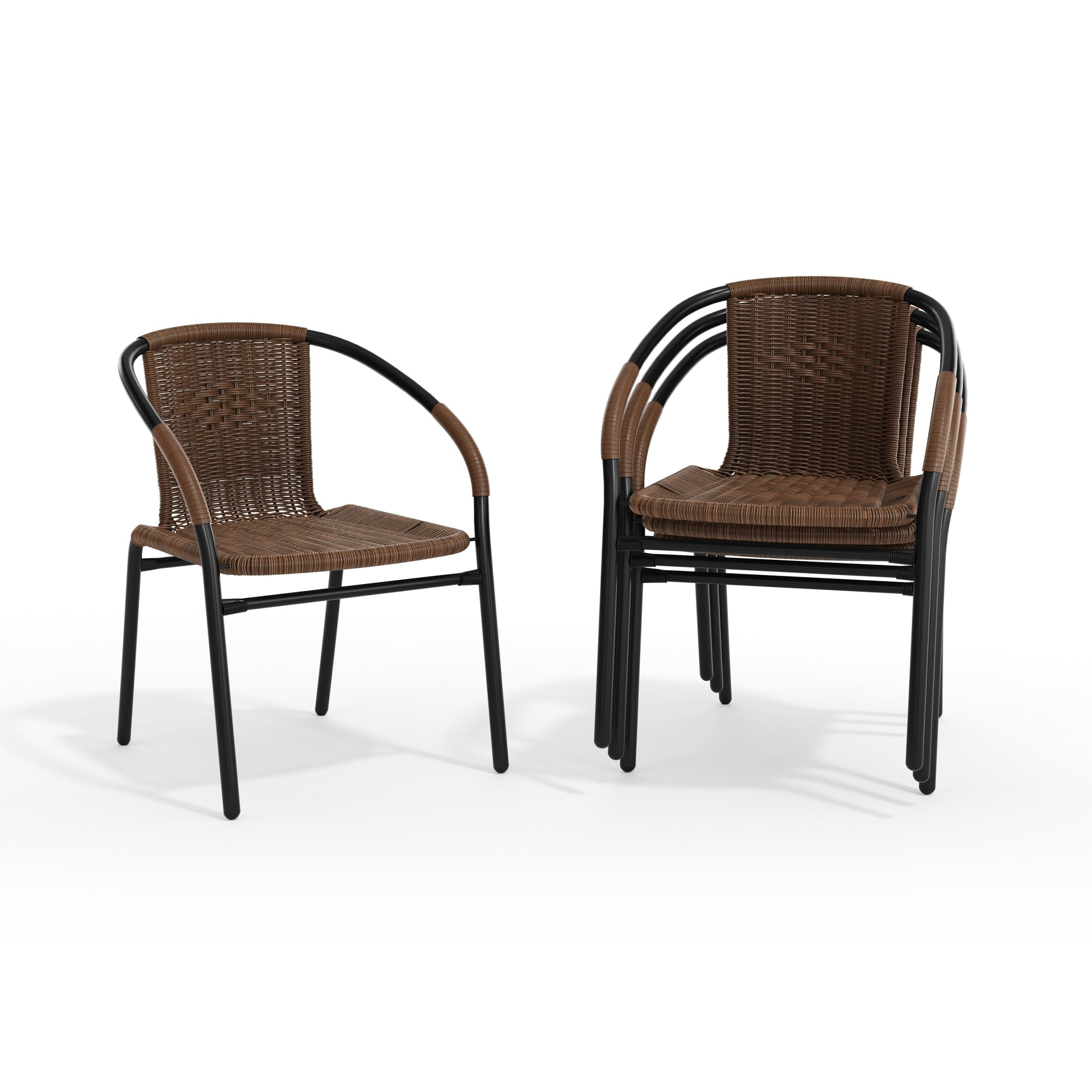 Emma + Oliver 4 Pack Medium Brown Rattan Indoor-Outdoor Restaurant Stack Chair