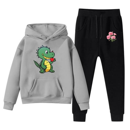 

OAUP 2PCS Toddler Outfit Sets Kids Hoodie Sweatshirt Sweatpants Valentine Day Cartoon Dinosaur Flowers Print Pullover Hoodie Set Tracksuit Outfits Fall Thermal Casual Trendy Outfit 3-12Y