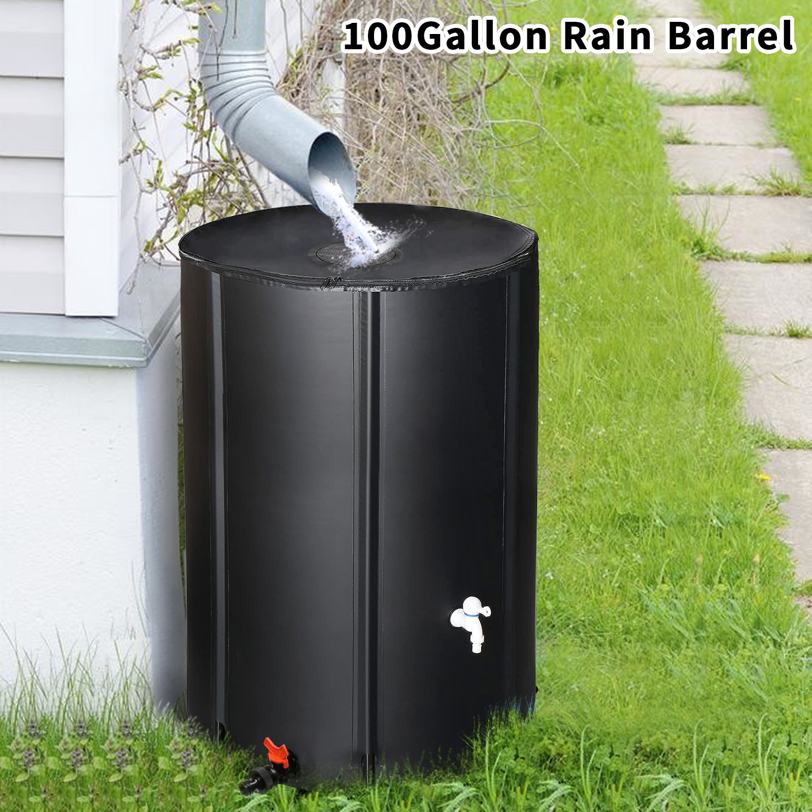 BAYUELSWU 100 Gallon Collapsible Rain Barrel, Portable Water Storage Tank, Folding Rain Barrel Water Collector with Spigots (Black)