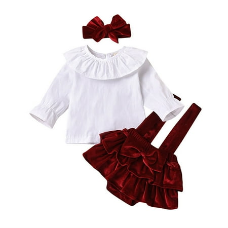 

3 Month Photography Outfits Girl Baby Girls Long Ruffled Sleeve Tops Solid Velutum Suspender Shorts With Headbands Outfits Set 3PCS