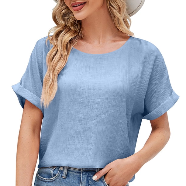 Fiudx Liquidación de Ahorros de Verano Top Transpirable de Color Sólido Suelto de Manga Corta Casual con Cuello Redondo para Mujer