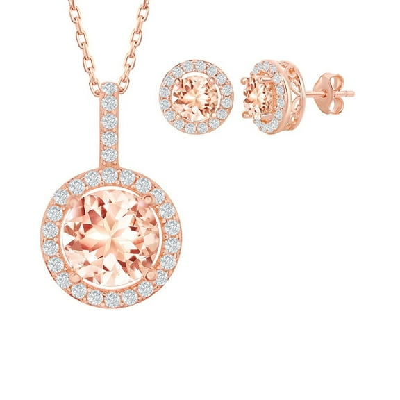 iJewelry2 Rose Gold Plated Sterling Silver Round Morganite with Clear CZ Bordered Necklace and Earrings Set