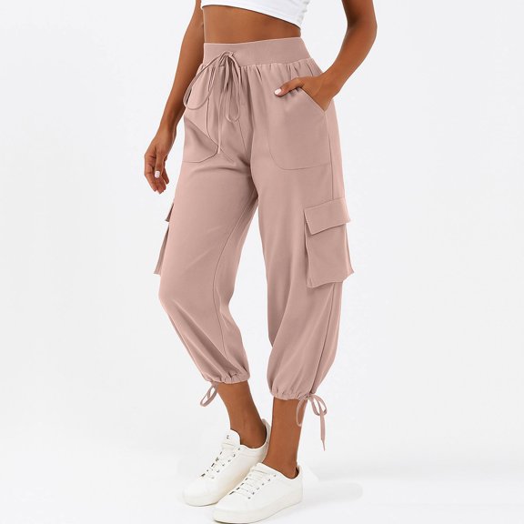 MLQIDK Pedal Pushers for Women Capri Pants Knee Length Trendy Summer Elastic Waist Work Capris Dressy Casual Cargo Capris with Pockets Pink M
