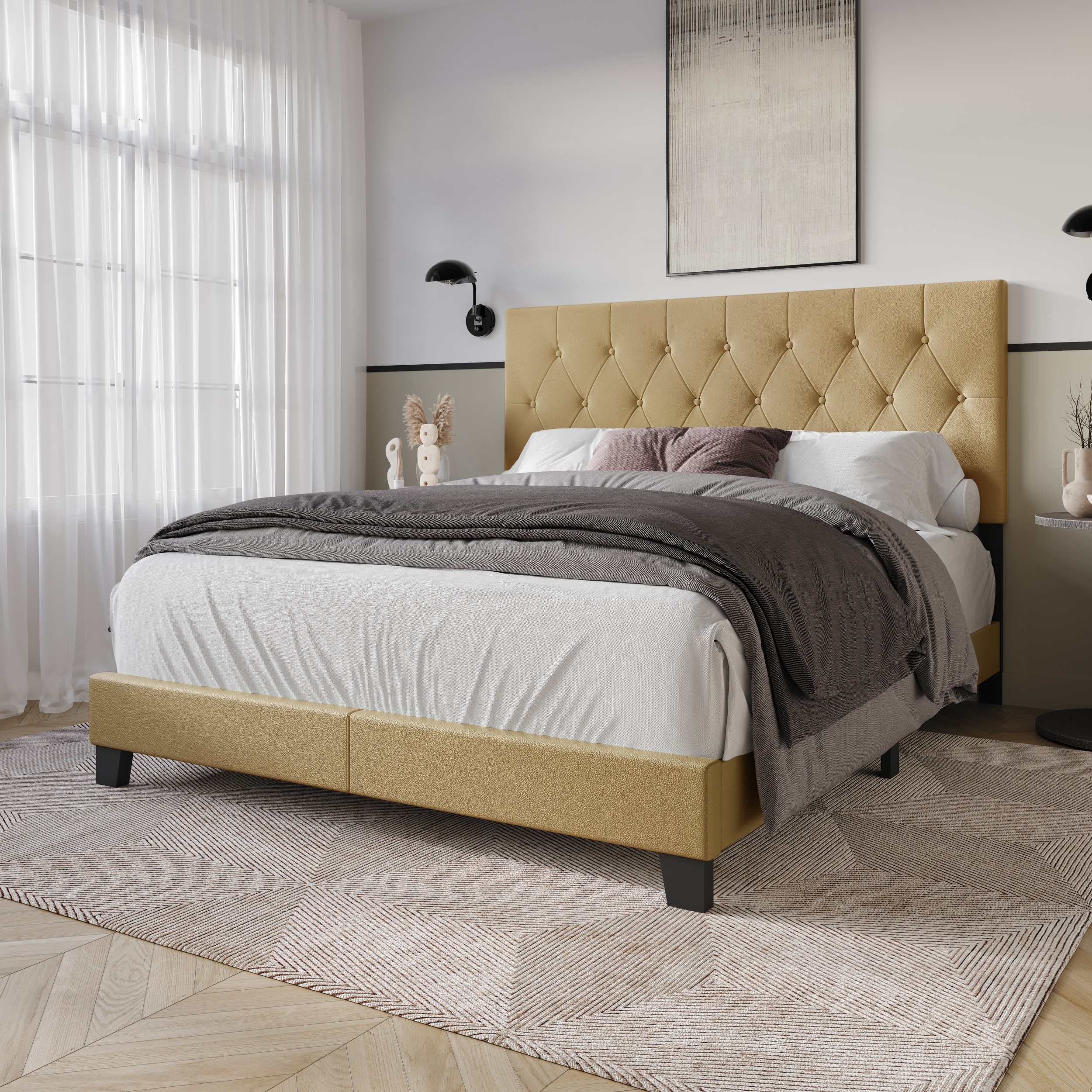 Home Design Omaha Queen Tufted Upholstered Panel Bed Frame, Light Brown, Easy Assembly