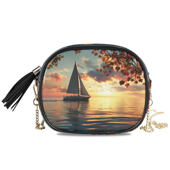 Womens Casual Chain Shoulder Bag Simple style Scenery Of Sailboat Crossbody Bag