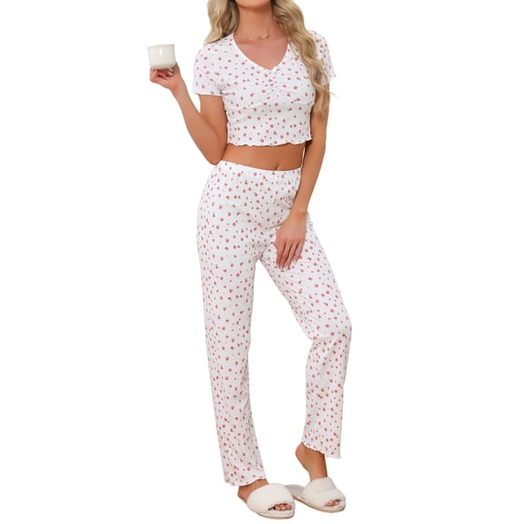 INSPIRE CHIC Womens Y2K Loungewear Jersey Knit Cute Floral Short Sleeve V Neck Stretchy Pants Casual Pajama Set S White