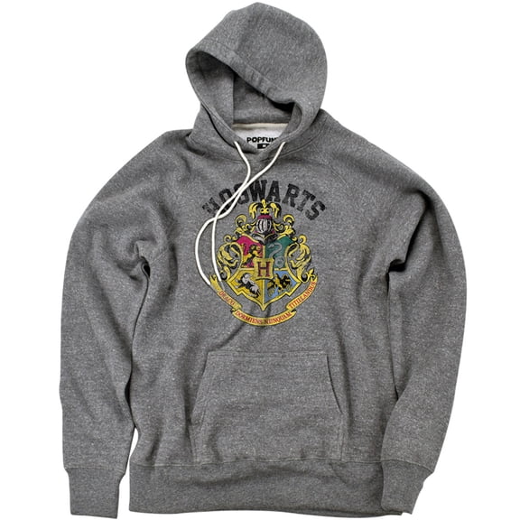 Harry Potter Distressed Hogwarts Crest Unisex Adult Slim Fit Pull-Over Heather Hoodie, Athletic Heather, Small