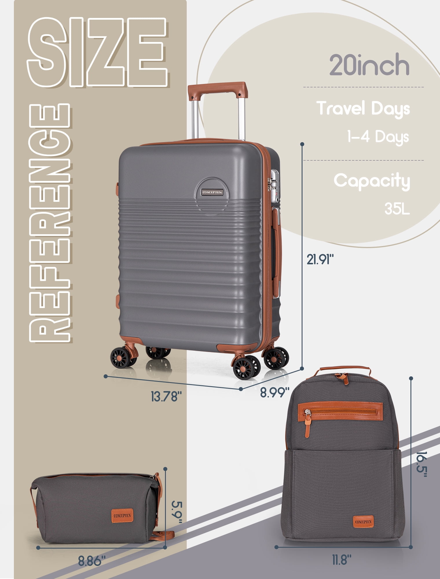 CONCEPTEN 3-Piece Carry on Luggage Set, 20 Inch Airline Approved Hardshell Suitcase with Spinner Wheels, Lightweight ABS Travel Luggage with TSA Lock, Backpack & Toiletry Bag,Grey