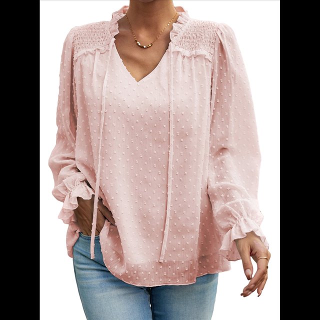 Blusa Informal de Verano para Mujer, con Lunares Suizos, Cuello en V, Larga, Holgada y Elegante, Ideal para Oficina. Rosa M