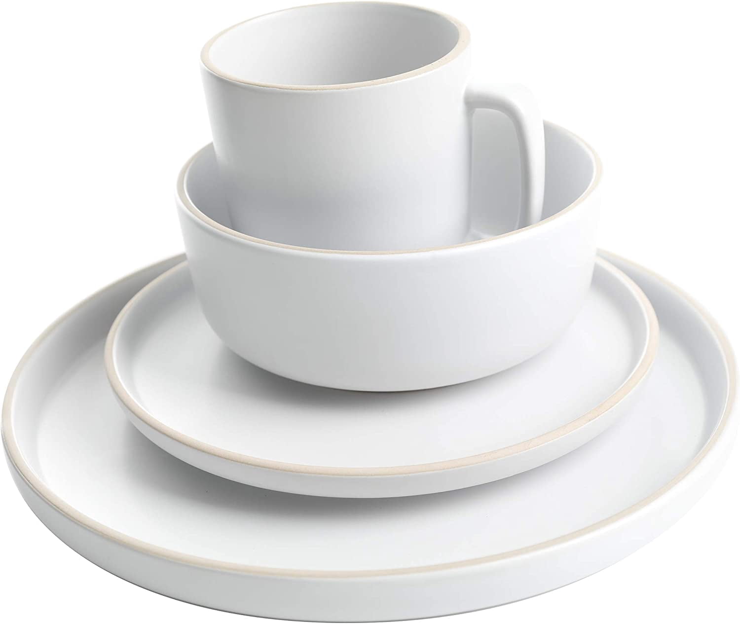 Colourfull Zuma 16 Piece Round Kitchen Dinnerware Set, Dishes, Plates, Bowls, Mugs, Service for 4, Matte Stoneware, White