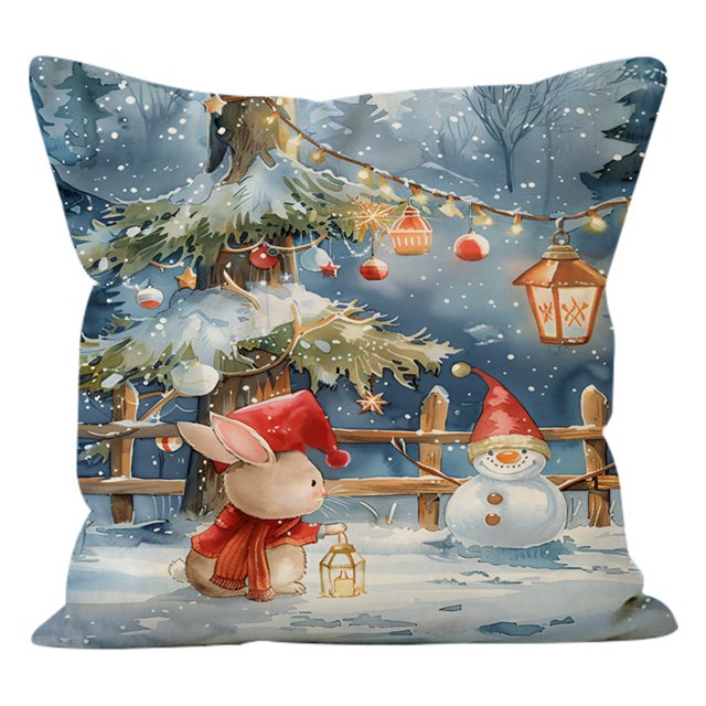 Funda De Almohada Con Estampado De Conejo Y Muñeco De Nieve Navideño Funda De Almohada Decorativa Para Sofá Funda De Almohada De Lino Para Apoyar La Cintura