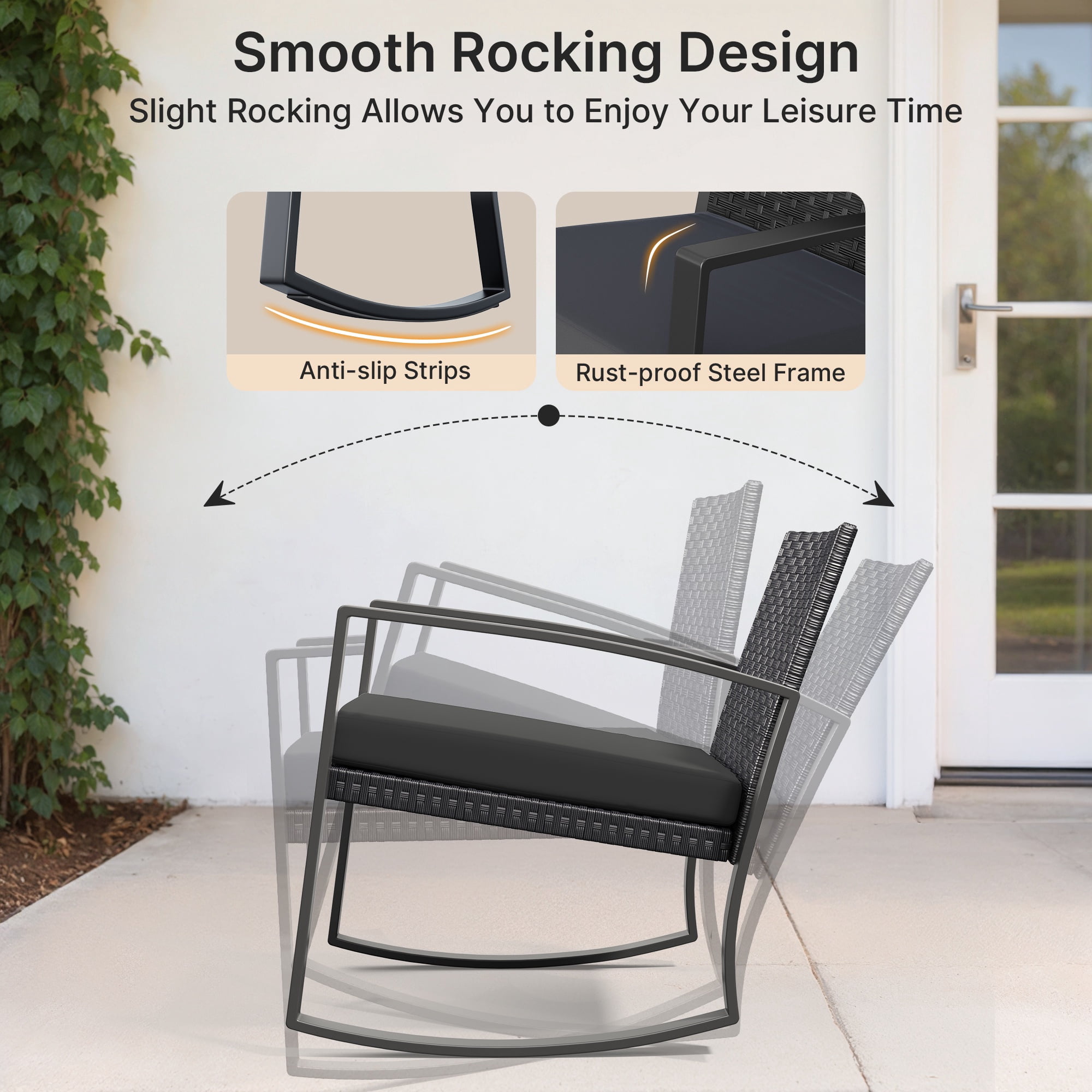 Noelse 3 Piece Wicker Rocking Chair Set, Outdoor Patio Furniture with Table and Cushions for Balcony, Black